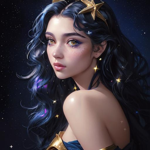 Prompt: <mymodel>a beautiful girl on a dark blue background with gold stars in her hair, shimmer, glow, stars, wavy hair, euphoria makeup, highly detailed girl by artgerm and Edouard Bisson, highly detailed oil painting, portrait of a beautiful person, art by Stanley Artgerm, Charlie Bowater, Atey Ghailan and Mike Mignola,