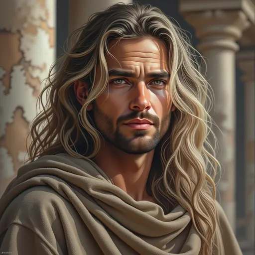 Prompt: This is a highly realistic digital portrait of a young man with a strikingly handsome appearance, reminiscent of a modern-day Jesus Christ. He has long, wavy, ash-blonde hair that falls past his shoulders, framing his face with a slightly tousled texture. His skin is smooth and lightly tanned, with a subtle, natural glow. He has well-defined facial features, including strong, symmetrical cheekbones, a straight nose, and full, slightly parted lips. His eyes are a captivating greenish-blue, with a piercing, intense gaze that draws the viewer in. He has a neatly trimmed beard and mustache that adds to his chiseled, masculine look.

He is wearing a simple, beige, loose-fitting tunic made of a soft, slightly textured fabric, which adds to the ancient, timeless feel of the image. The background is slightly blurred, but it appears to be an ancient, stone architectural setting with large, weathered columns, suggesting a historical or biblical context. The lighting is natural, with soft, diffused sunlight that highlights the contours of his face and hair, creating a serene, almost divine atmosphere. The overall style of the image is hyper-realistic digital art, with meticulous attention to detail and lifelike textures.