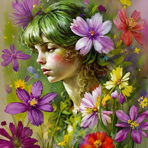 Prompt: a fairy of spring, ,wildflowers, vivid colors, closeup