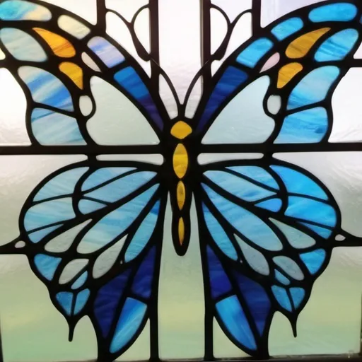 Prompt: simple mandala with bluestained glass window of a butterfly