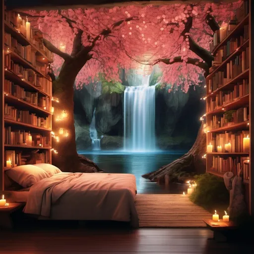 Prompt: A cherry tree forest with bookshelves and fairy lights and candles with a river and waterfall
