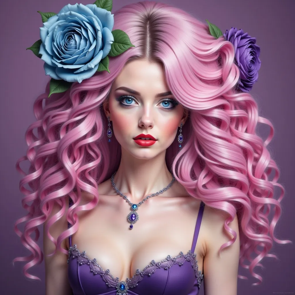 Prompt: a beautiful woman with pink hair and blue eyes wearing and a rose in her hair, with a purple background, Artgerm, gothic art, highly detailed digital painting, a character portrait