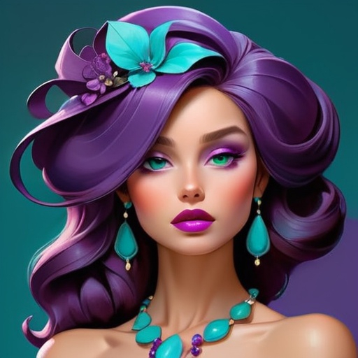 Prompt: Elegant lady in colors of purple and turquoise