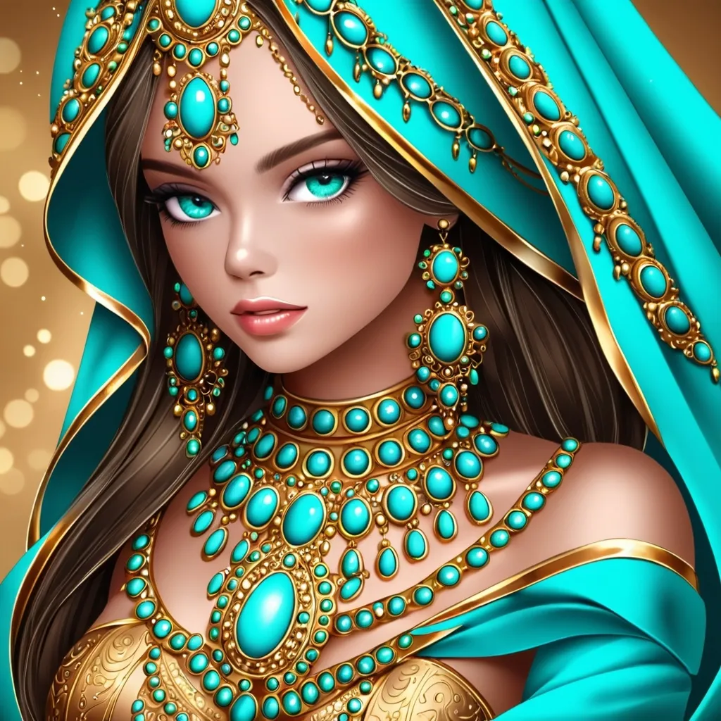 Prompt: <mymodel>An extremely gorgeous woman,  with turquoise jewels, in color scheme of turquoise and gold