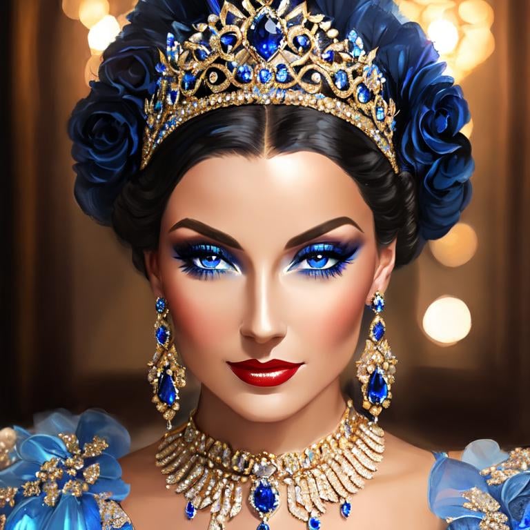 Prompt: Glamorously dressed lady of rhe 1930's wearing sapphire jewelry,blue eyes