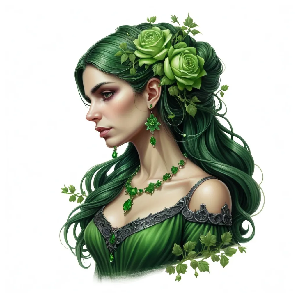 Prompt: a painting of a woman with flowers in her hair and a green dress with a green necklace and green earrings, Anne Stokes, gothic art, highly detailed digital painting, a detailed painting