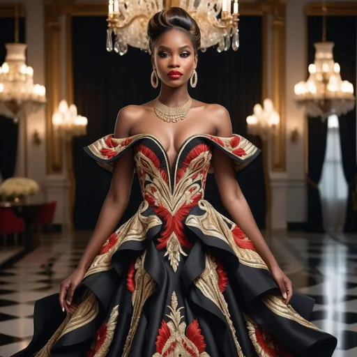 Prompt: Draped in an opulent gown that combines intricate gold and red embroidery with striking black and white elements, a stunning black woman exudes elegance against a lavish backdrop. Her off-shoulder dress features dramatic ruffled sleeves that enhance her poised, regal demeanor, while her hair is styled into a glamorous updo complimented by intricate jewelry, including chandelier earrings and a statement necklace. The scene, set in an elegantly decorated room with rich, dark walls and softly glowing chandeliers, evokes a sense of classic luxury and sophistication. The composition draws focus to her confident expression and the intricate detailing of her attire, suggesting a narrative of beauty and high fashion amidst a divine historical ambiance. A rich color scheme accentuates the opulence of the setting, blending warmth with dramatic contrasts that enhance the overall visual impact.