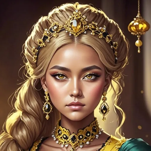 Prompt: <mymodel> An extremely gorgeous woman,  with pearl jewelry, in color scheme of yellow