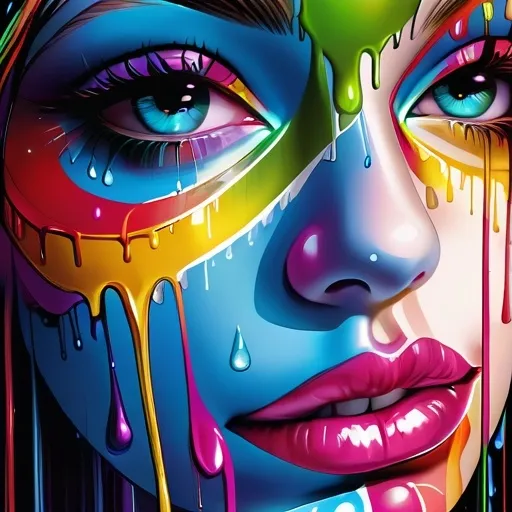 Prompt: Facial closeup of a female face, rainbow paint dripping, vibrant colors, high-definition, detailed, digital painting, close-up, colorful, expressive, rainbow paint drips, intense gaze, professional, vibrant, artistic, surreal, vivid colors, detailed facial features, digital art, high quality