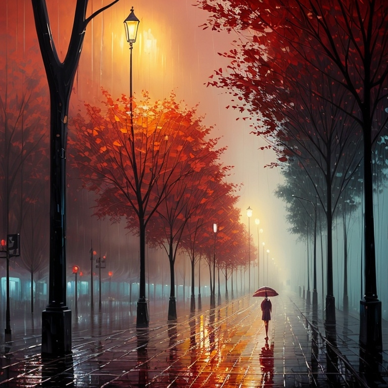 Prompt: a painting of a street light and trees in the rain at night with a street light in the foreground, Alena Aenami, fantasy art, atmospheric lighting, an oil painting