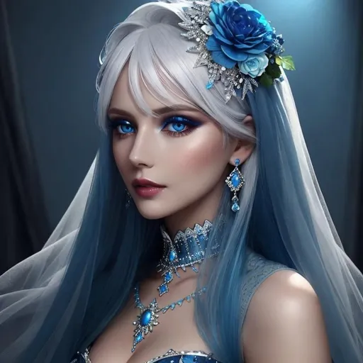 Prompt: A beautiful woman, white hair, blue eyes, blue eyeshadow, blue jewels o