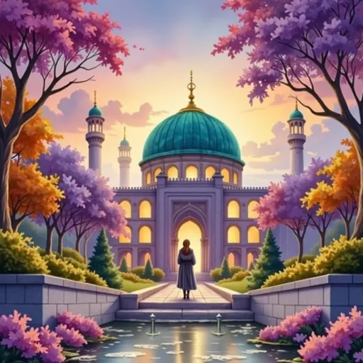 Prompt: This is a digital illustration depicting a serene, fantasy-like mosque at sunset. The mosque features a large, teal-colored dome with a smaller dome and two minarets on either side, all illuminated by warm, golden lights. The architecture is ornate, with arched windows and detailed stone work. In the foreground, a narrow, reflective canal leads up to the mosque's entrance, where a solitary figure dressed in dark clothing stands, silhouetted against the glowing interior light. Flanking the canal are lush, vibrant gardens with trees in shades of pink, purple, and orange, their leaves adding a rich, colorful contrast to the scene. The sky above is a gradient of warm hues, from soft pink to deep purple, enhancing the magical atmosphere. The mosque's walls are a muted purple, blending harmoniously with the surrounding colors. The overall style is reminiscent of a fairy tale or fantasy setting, with a focus on vibrant, contrasting colors and a tranquil, almost dreamlike quality. The texture is smooth and polished, typical of digital art, with a focus on clean lines and vivid, saturated colors.