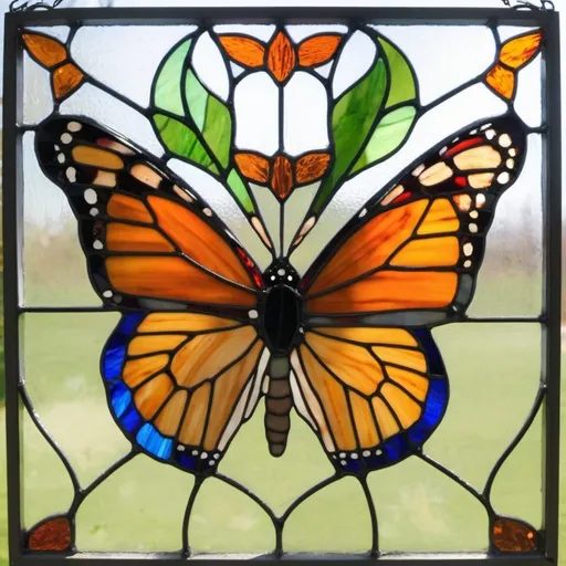 Prompt: A stained glass panel of a monarch butterfly, vibrant colors