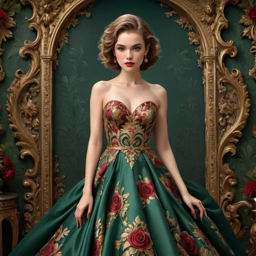 Prompt: Elegantly poised against a richly patterned backdrop, a striking woman showcases a captivating gown adorned with intricate floral motifs and vibrant gem-like embellishments. Her dress features a luxurious combination of deep greens, rich reds, and shimmering golds, accentuating her graceful figure with a sweetheart neckline and a dramatic flared skirt. The model's vintage-inspired hairstyle, characterized by soft curls, frames her delicate features while her bold red lips add a touch of dramatic flair. The setting, with its ornate wallpaper echoing elements of classical design, enhances the overall sophistication, creating a scene that radiates glamour and timeless beauty.
