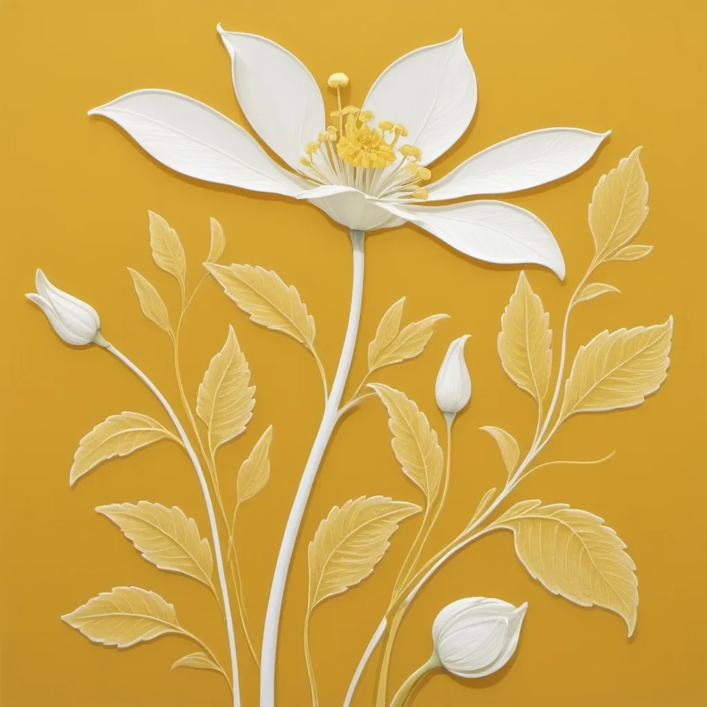 Prompt: a yellow and white flower with white leaves on it's stem and a yellow background with white flowers, Alison Kinnaird, arts and crafts movement, highly detailed digital art, a silk screen