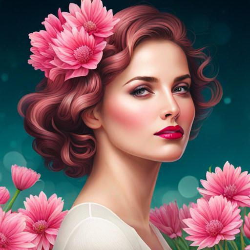 Prompt: a beautiful woman , lots of pretty pink flowers