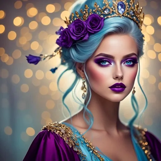 Prompt: <mymodel>Beautiful ethereal woman, long blonde hair,and icy blue eyes color, purple lipstick, facial closeup