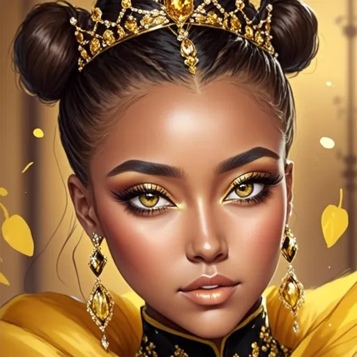 Prompt: <mymodel>Queen bee-A beautiful  black woman with hair arrainged in a top knot behind a gold tiara. Amber colored eyes, gown in colors of yellow and black, facial closeup