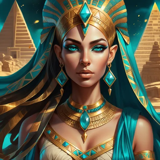 Prompt: Fantasy illustration of a powerful Egyptian sorceress, vibrant gold and teal color palette, ancient pyramids in the background, flowing silk garments with intricate hieroglyphic patterns, majestic headdress adorned with gemstones, mystical glowing staff, high quality, detailed fantasy, Egyptian, mystical, powerful sorceress, gold and teal, ancient pyramids, flowing garments, hieroglyphic patterns, majestic headdress, glowing staff, fantasy illustration, vibrant colors, mystical atmosphere