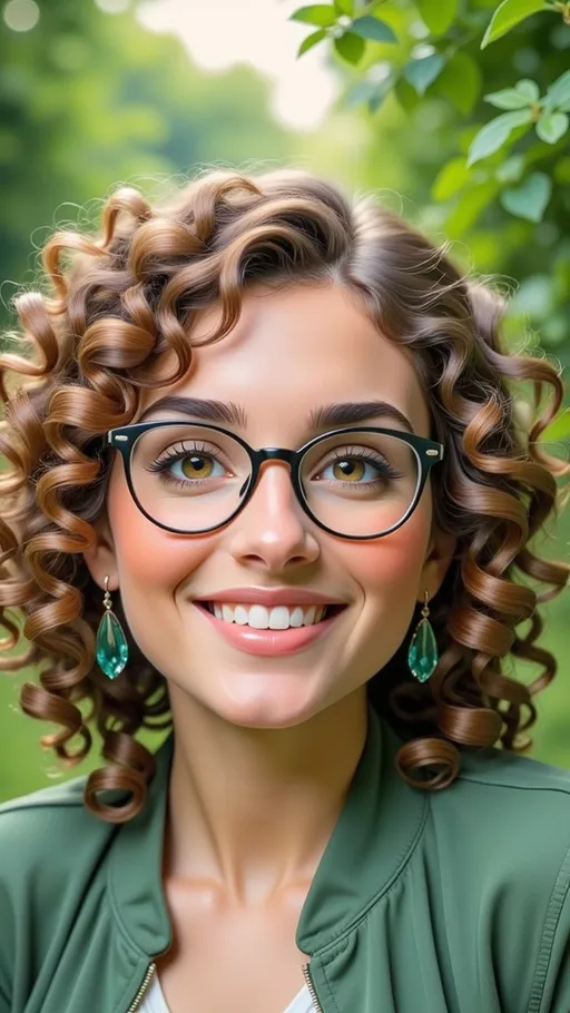 Prompt: With a radiant smile, a young woman with curly hair framed beautifully by a lush, green outdoor setting captures the viewer's attention. Her glasses add an intellectual charm as she stands amidst a vibrant path flanked by leafy trees, suggesting a serene and cheerful atmosphere. The soft, natural light filters through the foliage, enhancing the warmth of her expression and the vibrant greens around her. Dressed casually in a green jacket over a white shirt, she radiates a sense of ease and connection to nature, inviting a feeling of joy and spontaneity in this tranquil moment.