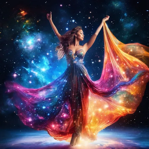 Prompt: colorful, sparkly, exquisite, glowing Goddess in a flowing, filmy dress, incredible all body form of a incredible bodied, incredibly beautiful faced woman with a buxom perfect body falling backwards through space, nebulas, stars, planets, the milky way and galaxies