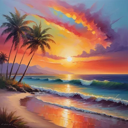 Prompt: Vibrant sunset in rainbow colors, oil painting, calm ocean waves, palm trees silhouetted against the horizon, high quality, impressionism, warm tones, soft and dreamy lighting