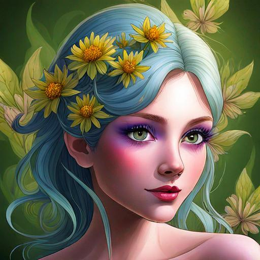 Prompt: a fairy of spring, ,wildflowers, vivid colors,  facial closeup