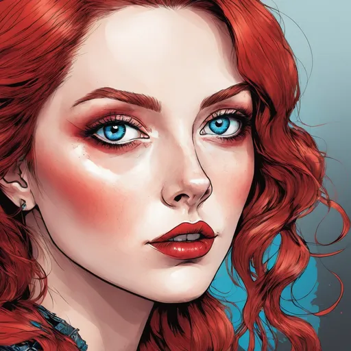 Prompt: A lady in red, blue eyes, Auburn hair, facial closeup<mymodel>