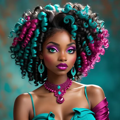 Prompt: <mymodel>A beautiful black woman,curly hair , adorned in colors of teal blue and magenta