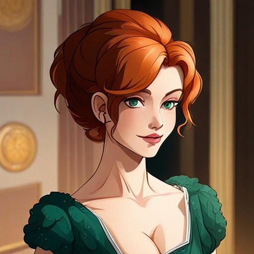 Prompt: Elegantly dressed lady,  emerald evening gown, ginger hair in an uodo, pretty makeup, facial closeup, in a cartoon style