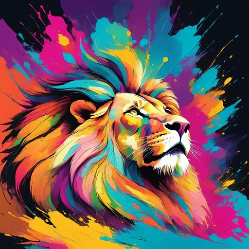 Prompt: Abstract surrealism painting of a majestic lion, vibrant and bold brushstrokes, exaggerated features, vivid colors, dreamlike atmosphere, high quality, surrealism, vibrant colors, abstract art, majestic lion, dreamlike, bold brushstrokes