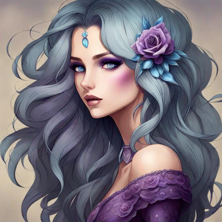 Prompt: A beautiful woman, white hair with pastel purple highlights, violet eyes, blue eyeshadow, pastel blue roses in her hair, blue jewels on forehead, cartoon style