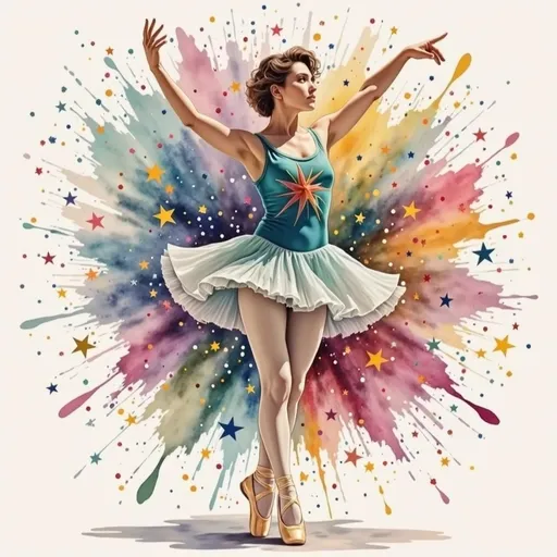 Prompt: This is a digitally created photograph of a ballet dancer captured mid-pose against a vibrant, swirling cosmic background. The dancer, a young woman with short, wavy brown hair, stands en pointe on the ball of her right foot, with her left leg bent at the knee and her left arm gracefully arched above her head. She wears a short, teal blue ballet dress adorned with a large, multicolored starburst pattern on the chest. Her dress has sheer sleeves and a slight flared skirt that adds movement to her pose. The background is a mesmerizing swirl of colors, including shades of pink, yellow, blue, and green, forming a spiral pattern that radiates from the center. The spiral is set against a dark, starry sky filled with small, twinkling stars of various sizes and colors. The overall composition combines elements of realism and fantasy, with the dancer's poised elegance contrasting the whimsical, otherworldly background. The lighting is soft, highlighting the dancer's form and the vivid colors of the background, creating a magical and ethereal atmosphere. The image evokes a sense of grace, beauty, and enchantment.