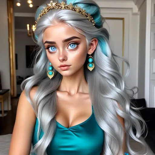 Prompt: <mymodel>An extremely gorgeous woman,  with top knots full of turquoise jewels, in color scheme of turquoise and gold