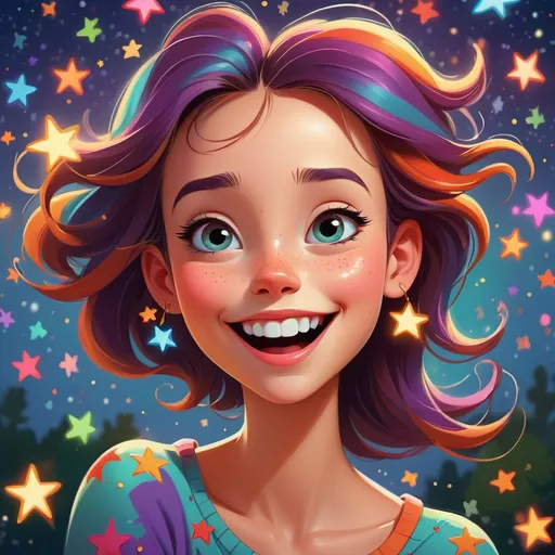 Prompt: Colorful cartoon illustration of a joyful girl with twinkling stars in the background, vibrant and lively colors, playful and cheerful expression, whimsical artistic style, cartoon, colorful, vibrant, joyful, twinkling stars, playful expression, cheerful, whimsical, artistic style