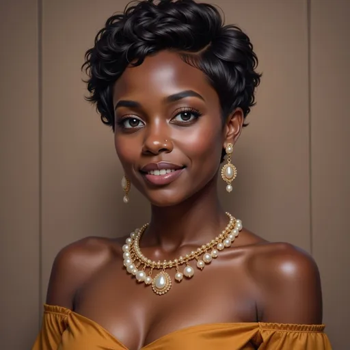 Prompt: Radiating warmth and elegance, a young woman with beautifully defined, voluminous curly hair stares confidently into the camera, embodying a sense of poise. Her smooth, radiant skin glows softly against the muted, neutral background, which serves to enhance her striking features. She wears a textured mustard-yellow top that complements her complexion and draws attention to her statement gold jewelry, including large, ornate earrings and a matching necklace that elegantly frame her face. The composition focuses on her captivating expression and the intricate details of her accessories, creating a mood of sophistication and grace while showcasing a harmonious blend of natural beauty and style.