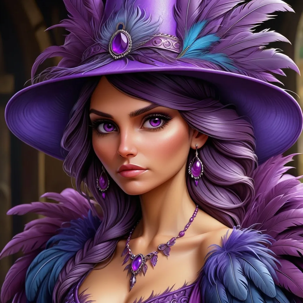 Prompt: a woman wearing a purple hat with feathers on it's head and a purple dress with a purple feathered dress, Anne Stokes, fantasy art, highly detailed digital painting, a detailed painting