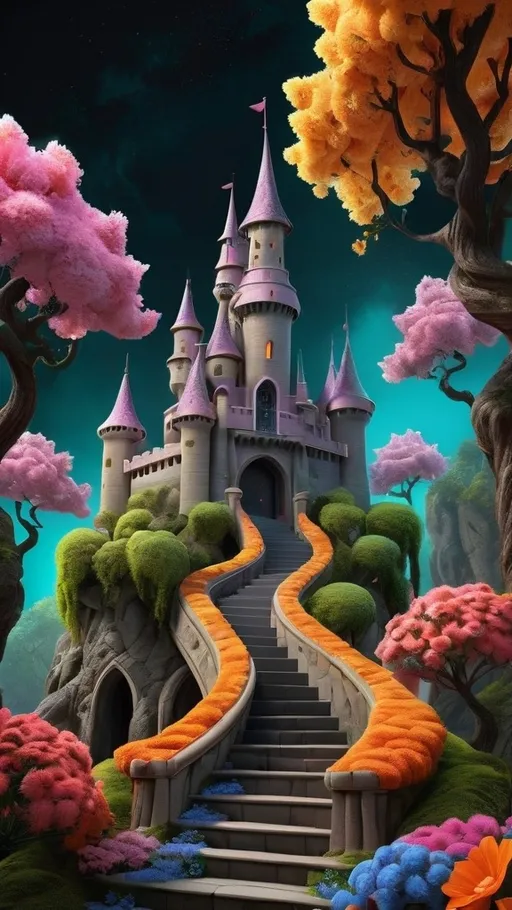 Prompt: a fantasy castle with a staircase leading to it with trees and flowers, Chris LaBrooy, fantasy art,  brilliant, bright colors on a black background