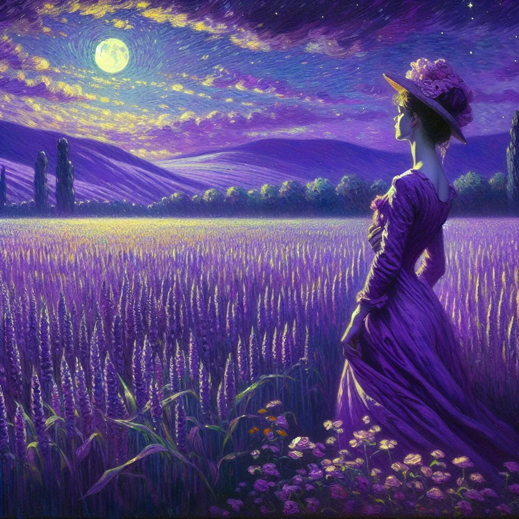 Prompt: a painting of a woman in a purple dress looking at the moon in the distance with a field of  purple crops, Edwin Georgi, figurative art, purple, an ultrafine detailed painting