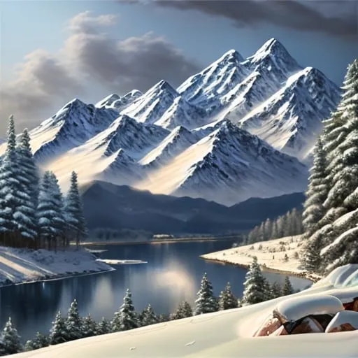 Prompt: Snowy mountain landscape, oil painting, snow-capped peaks, serene winter scene, high quality, realistic, cool tones, soft lighting, peaceful atmosphere