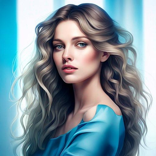 Prompt: a woman with beautiful wavy hair wearing a blue dress