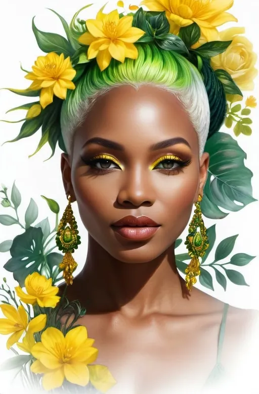 Prompt: <mymodel>In a majestic detailed floral the mystical Empress, a black woman with green and yellow hair, stands tall amidst vibrant flora, embodying divine grace and feminine power.