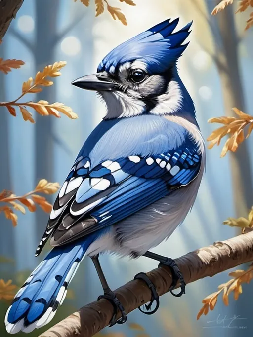 Prompt: High-quality, detailed bluejay illustration, realistic feathers, vibrant blue and white colors, natural woodland setting, bright sunlight filtering through trees, lifelike pose, intricate feathers, realistic wildlife art, artistic rendering, vibrant colors, natural lighting