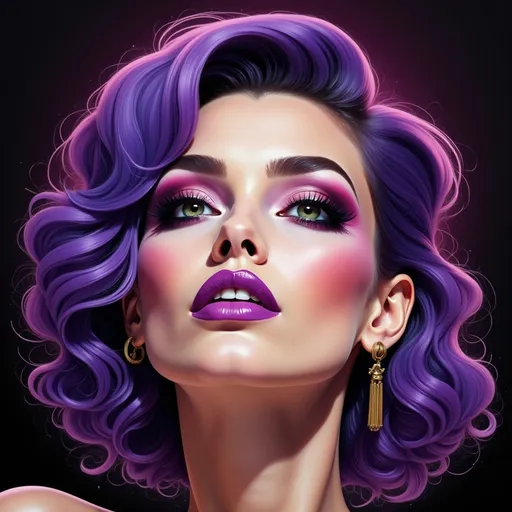 Prompt: a painting of a woman with purple hair and a purple lipstick on her lips and a black background. Edwin Georgi, photorealism, highly detailed digital painting, a photorealistic painting