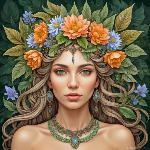 Prompt: <mymodel> a woman with flowers in her hair and a necklace on her head, surrounded by leaves and flowers, is shown in a digital painting style, Amanda Sage, fantasy art, highly detailed digital painting, a detailed painting