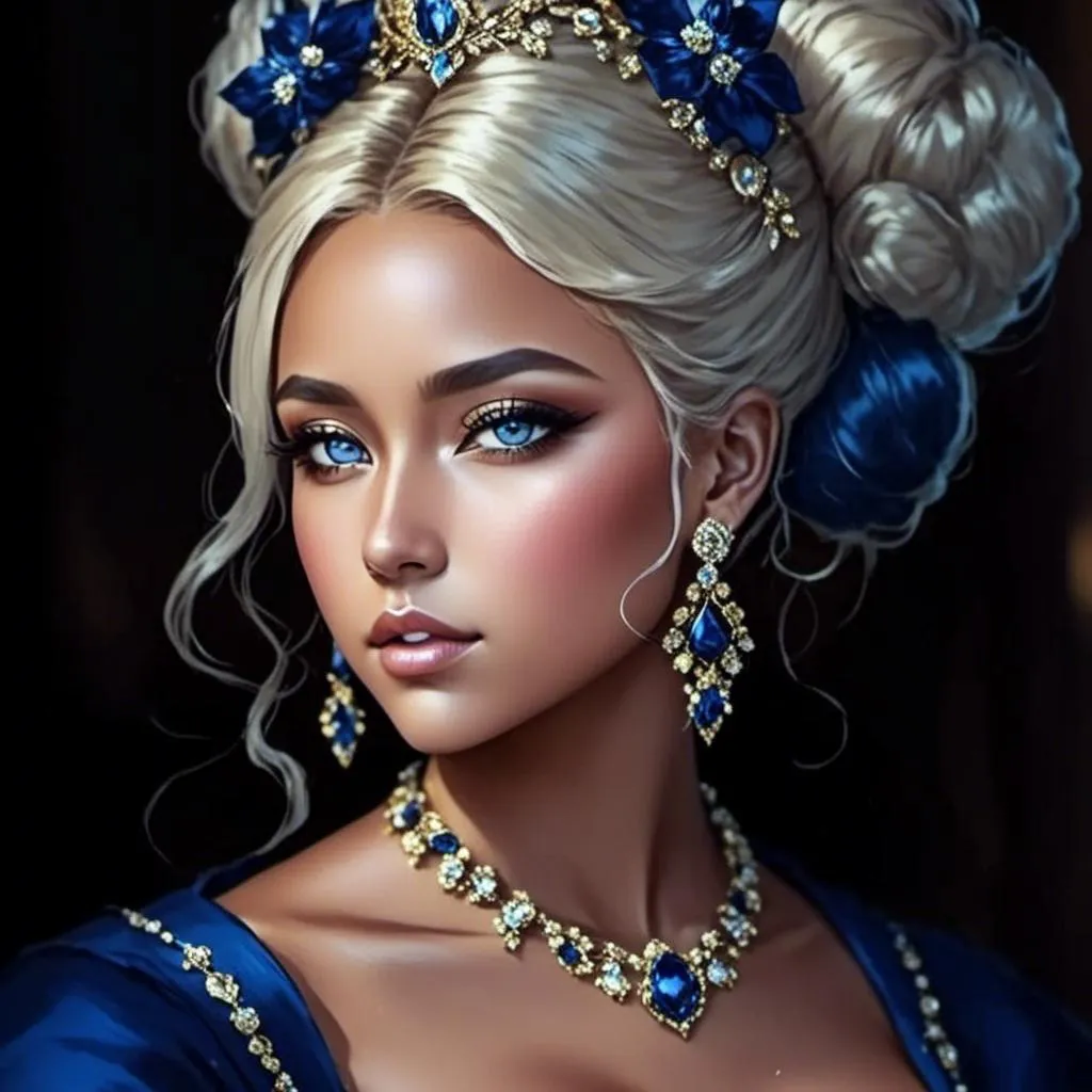 Prompt: <mymodel>A beautiful woman, white hair, blue eyes, blue eyeshadow, blue jewels o