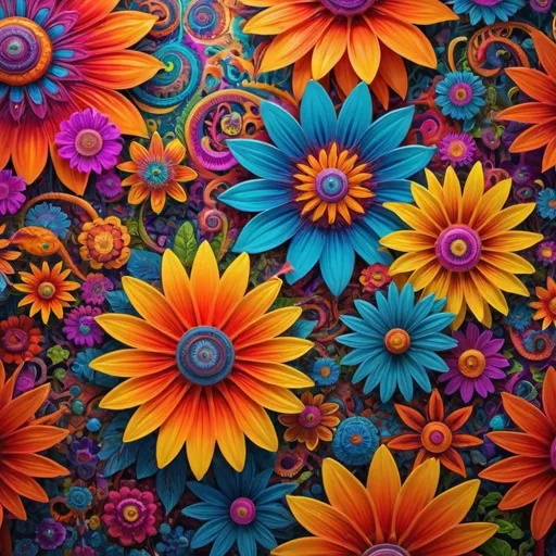 Prompt: Bright psychedelic flowers, vibrant colors, intricate and detailed petals, high quality, surreal, surrealism, ultra colorful, wild and chaotic, vibrant lighting