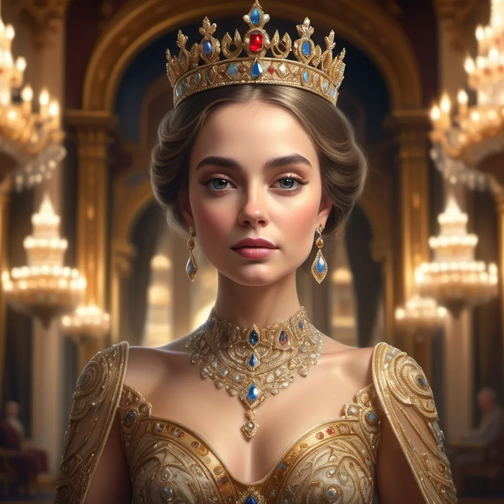 Prompt: regal queen, adorned in an elaborate gown with intricate embroidery, wearing a majestic crown embellished with jewels, poised in confidence, warm and golden lighting highlighting her elegance, an opulent background of a grand palace, soft ethereal ambiance, ultra-detailed, high-resolution, cinematic masterpiece.