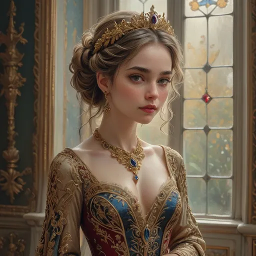 Prompt: A poised noblewoman stands elegantly within a lavishly adorned room, bathed in soft natural light filtering through tall windows that frame a picturesque garden. Clad in an opulent gown of rich crimson and cream, intricately designed with golden embroidery and a striking blue gem at the center, she embodies regal grace, her expression both confident and serene. Her hair is styled in loose waves, accentuated by a delicate tiara, while she lightly holds the fabric of her skirt, adding to her majestic presence. The ornate floral patterns and softly painted walls enhance the room's romantic atmosphere, suggesting a story of nobility and elegance in a bygone era. The overall mood is one of sophistication and timeless beauty, inviting viewers to imagine the history and intrigue behind her gaze.