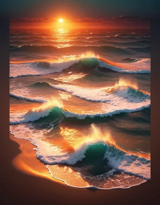 Prompt: Vibrant 3D rendering of a mesmerizing orange sunset over a serene ocean, warm and inviting, high quality, realistic, detailed waves crashing, picturesque coastline, beautiful reflections, surreal atmosphere, vivid colors, vibrant, realistic lighting, picturesque scenery